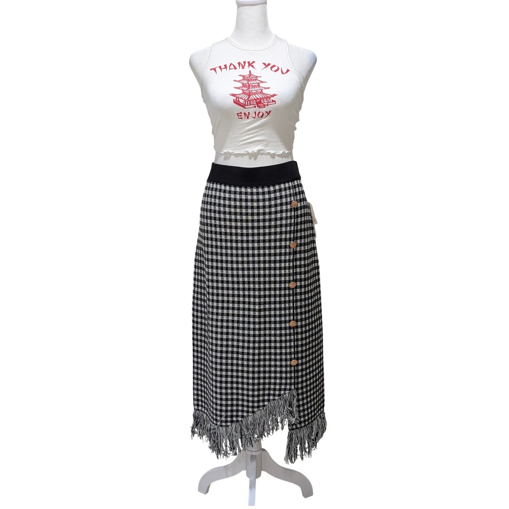 Nanette Lepore NWT Black White Gingham Asymetrical Fringe Hem Festival Skirt L - Picture 4 of 12